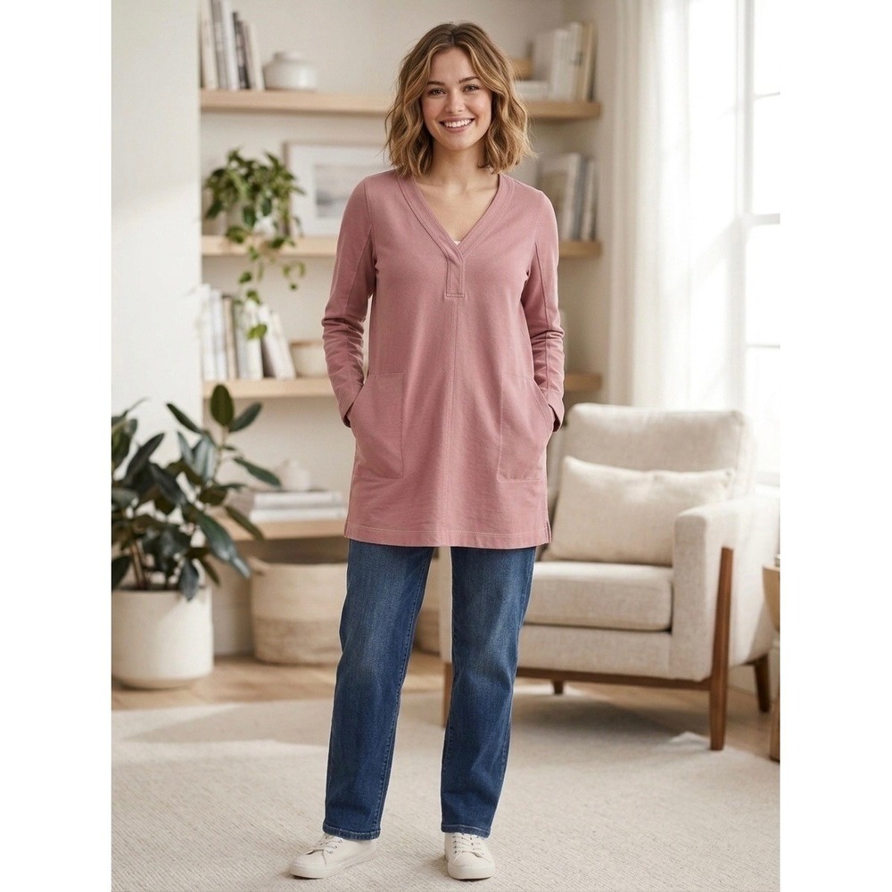J. Jill Fit Womens Pink French Terry V-Neck Tunic Sweatshirt Pockets XS 315101